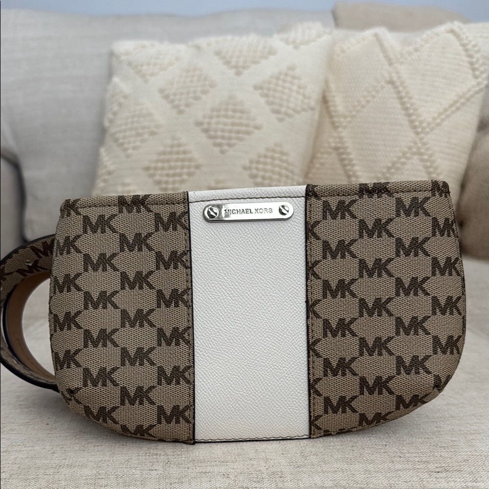 Michael Kors Brown and White Clutch with Monogram Design